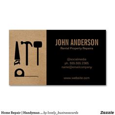 a business card with an image of tools and hammers on the front, in black and