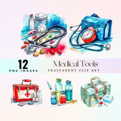 watercolor medical tools clipart set includes an oxygen bag, first aid kit and other items