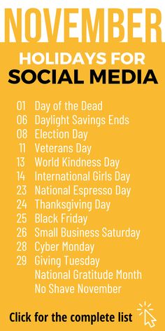 a yellow and white poster with the words november holidays for social media written in black