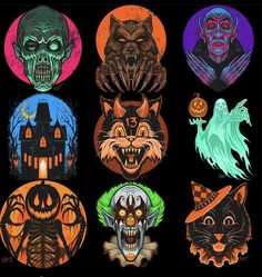 halloween stickers with scary cats and pumpkins on them, all in different colors