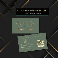 two business cards with gold foil on black and green background, one is for luxury lashes