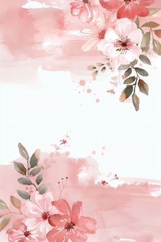 pink flowers and leaves are painted on a light pink background with watercolor paint strokes