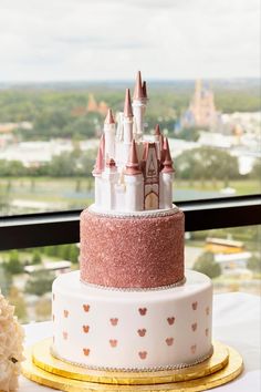 a wedding cake with pink and white frosting castle on top, sitting in front of a window