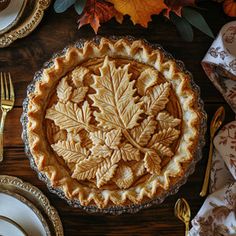 a pie sitting on top of a wooden table next to plates and silver utensils