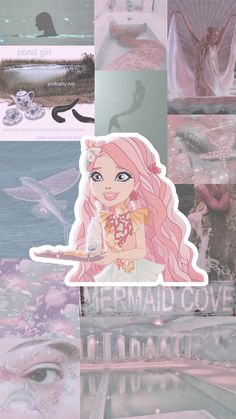 a collage of photos with mermaids and seagulls in the background, including an image of a woman's face