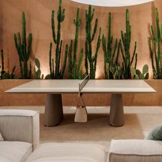 a living room with couches and a table in front of cacti on the wall