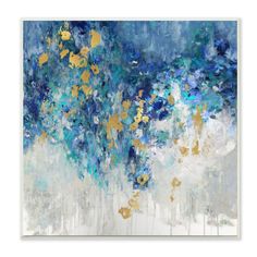 an abstract painting with blue and gold colors