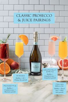 various types of drinks on a table with the words classic prosceco and juice pairings