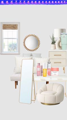 a room with white furniture and blue lights on the wall, along with various items