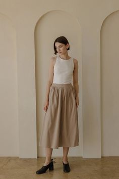 The Maya Skirt – Mod Ref | Common Market Midi Skirt Outfits, Khaki Midi Skirt, A Line Midi Skirt, Midi Skirt Outfit, Full Skirt, White Skirts, Skirt Outfits, Neutral Colors, Midi Length