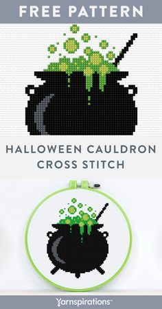 the cross stitch pattern for halloween cauldron is shown in three different sizes and colors