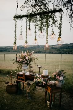 a table with cake and flowers on it in the middle of an open field, surrounded by hanging lights