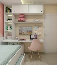 a bedroom with a bed, desk and bookshelf in the corner next to it