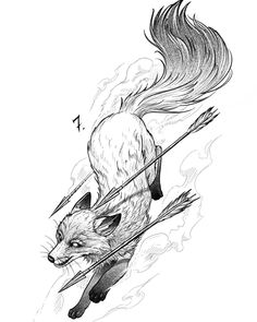 a black and white drawing of a fox on skis with fire coming from its tail