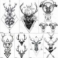 the different types of deer head tattoos are shown in black and white, with geometric designs