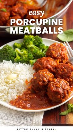 a white plate topped with meatballs and rice