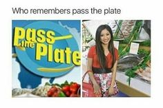 a woman standing in front of a sign that says, who remembers pass the plate?