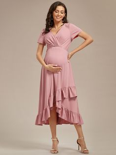 Step into motherhood in style with this stunning Ruffles High Low Hemline V-Neck dress, designed to make you feel like the goddess you are. Made with high stretch material to accommodate your growing bump, this dress features beautiful ruffle detailing and a contemporary high-low hemline that exudes sophistication and elegance. Make a statement at your next formal event or photo shoot and feel confident and chic in this fabulous maternity dress! Fit: Please refer to size chart. Length: Knee leng Skimpy Dresses, Sondra Celli, Elegant Maternity Dresses, Dresses Work, Stunning Bridesmaid Dresses, Pregnancy Wardrobe, Pregnancy Journey, Ever Pretty, The Goddess