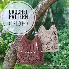 two crochet purses hanging on a tree branch with the text crochet pattern