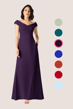 a woman in a long purple dress standing next to color swatches and the same image