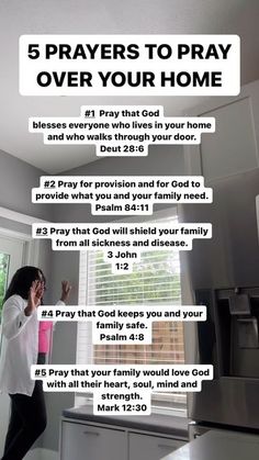 a woman standing in front of a window with the words 5 prayers to pray over your home