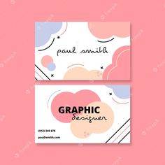 two business cards with abstract shapes and the words graphic designer on them, against a pink background