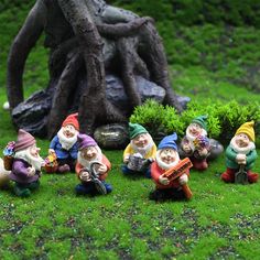 seven garden gnomes are sitting in the grass near a tree and rock formation, one is holding a trumpet