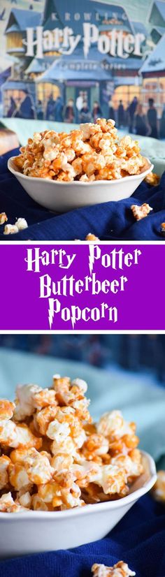 harry potter butterbeeer popcorn on a blue tablecloth with purple text overlay