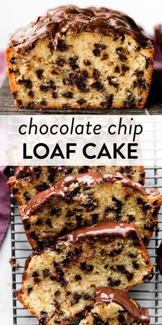 chocolate chip loaf cake on a cooling rack with one slice cut out and the other half eaten