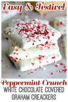 peppermint crunch white chocolate covered graham crackers with red and white sprinkles