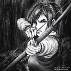 a drawing of a woman holding a bow and arrow in the woods with trees behind her