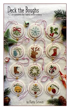 the cover of deck the boughs ornaments for hand embroidery