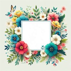 a square frame with colorful flowers and butterflies on the edges is surrounded by greenery