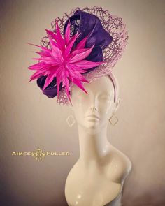 Handmade Silk and Paper Feathered Fascinator-- Structured, chic criss-cross woven material on this asymmetrical showpiece. Purple silk ribbon feature and hot pink feathers. Easy-to-wear headband fascinator makes a statement, and can be worn to a myriad of events: Easter, Bridal, Derby-Wear, Del Mar Races, Hat Contests, Church, Gala, Kentucky Derby, Melbourne Cup, High Tea, Weddings, Cocktail Parties, Weddings, and More.  Some customization available as this is made-to-order; please message with your requests to see if we can meet your needs. Other colors available; please inquire before purchase if you need another color. Please note: this one particular piece is made-to-order, and has an extended handling time.  *FREE SHIPPING  For more STATEMENT JEWELRY and HANDMADE HATS go to www.aimees Fitted Purple Hat For Spring, Fitted Purple Hat For Kentucky Derby, Fitted Purple Costume Hat With Short Brim, Fitted Costume Hat With Pinched Crown, Purple Headband For Kentucky Derby, Purple Headband Hats For Kentucky Derby, Pink Fitted Headpiece With Structured Crown, Fitted Lavender Mini Hats For Royal Ascot, Purple Mini Hats With Short Brim For Races