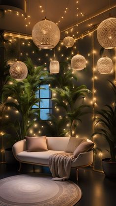 a living room filled with lots of lights next to a couch and chair in front of a window