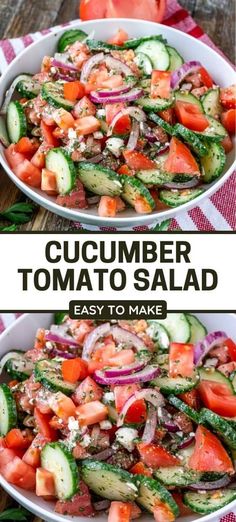 cucumber and tomato salad in a white bowl on a red checkered tablecloth