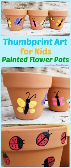 three flower pots with painted ladybugs on them and the words, thumpprint art for