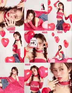 a collage of photos showing the various poses of a woman with heart shaped balloons