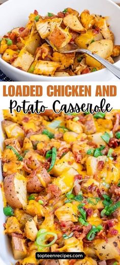 loaded chicken and potato casserole in a white dish with the title above it