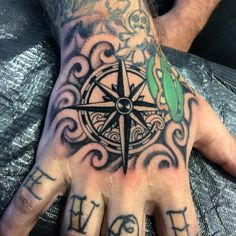 a man's hand with a compass tattoo on it and the word love written in cursive writing