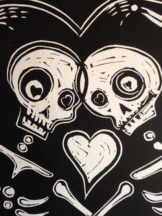 two skulls in the shape of a heart with spoons and bones on it, drawn by hand