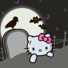 a hello kitty sitting on top of a tombstone in front of a full moon with bats