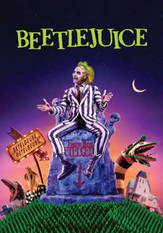 the poster for beetlejuice shows a man sitting on top of a rock