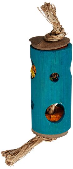 a blue birdhouse with two birds in it's nest