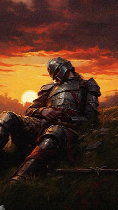 a painting of a knight sitting in the grass