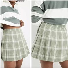 Aerie Pleated Plaid Mini Skirt Light Sage Green And White Plaid Pleated Flat Front Waist With Elasticized Stretch Back Waistband Side Zipper And Button Closure Unlined Polyester/Viscose Retro 2000s Y2k Style, Preppy, Dark Academia, Light Academia, Schoolgirl Size Xs Brand New With Tags! Approximate Measurements Laying Flat: Waist: 11.5" Length: 15" Preppy Dark Academia, White Plaid Skirt, Preppy Skirt, Plaid Pleated Mini Skirt, Ruffled Mini Skirt, White Skort, Twill Skirt, Tiered Mini Skirt, Pleated Tennis Skirt