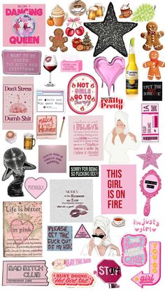 a collage of pink and white pictures with different things on the top one is an image of a woman