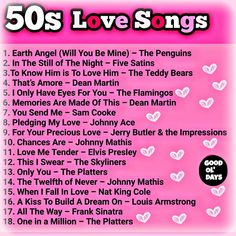 the 50's love songs album cover with pink background and white hearts on it