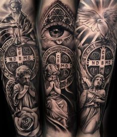 Religous Sleeve Tattoo, Jesus Forearm Tattoo, Realistic Tattoo Ideas, Religous Tattoo, Eagle Chest Tattoo, Headdress Tattoo, Catholic Tattoos, Archangel Tattoo