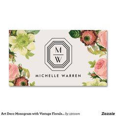 a business card with pink flowers and green leaves on the front, in gold foil